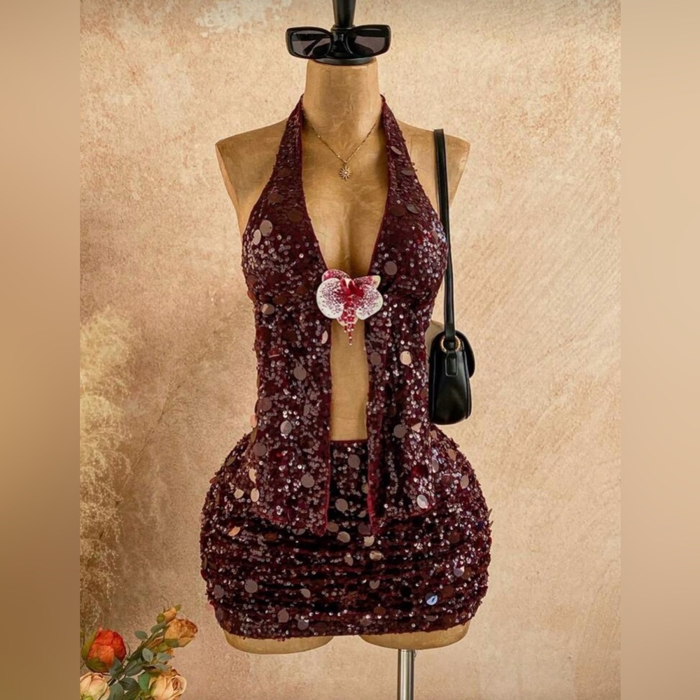 Dolls Kill Burgundy Sequin Halter Mini Dress